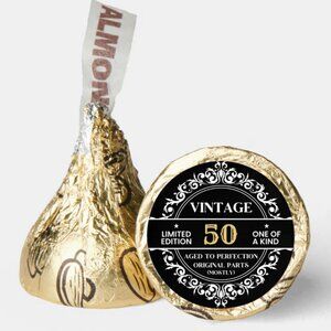 Vintage 50th Birthday Kisses Candy Stickers | 100ct|Glossy|0.75in